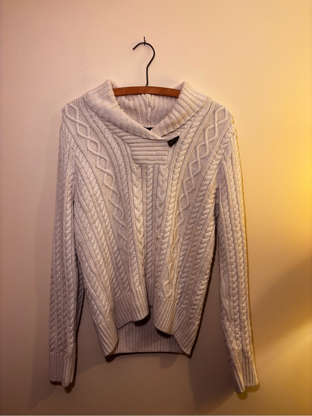 JEANNE PIERRE Ivory Cable-Knit Shawl Collar Sweater